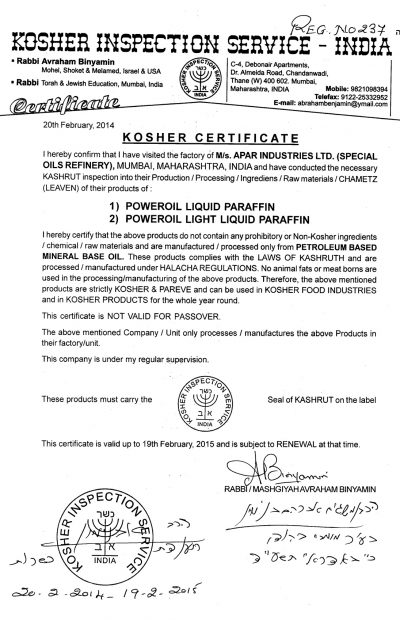 KOSHER CERTIFICATE UPTO 19.02.2015